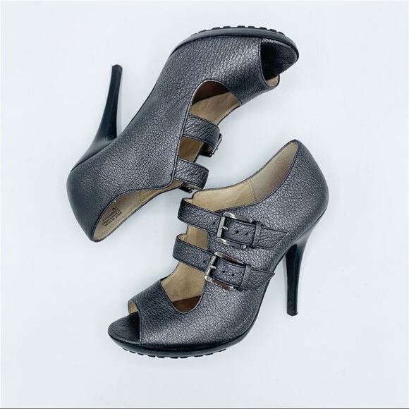 Michael Kors‎ Webster Peep Toe Platform Metallic Pewter Pebbled Leather - Picture 5 of 12